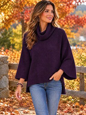 HALOGEN Sweater Cowl Neck Ribbed Wool/Cashmere Dark Purple S